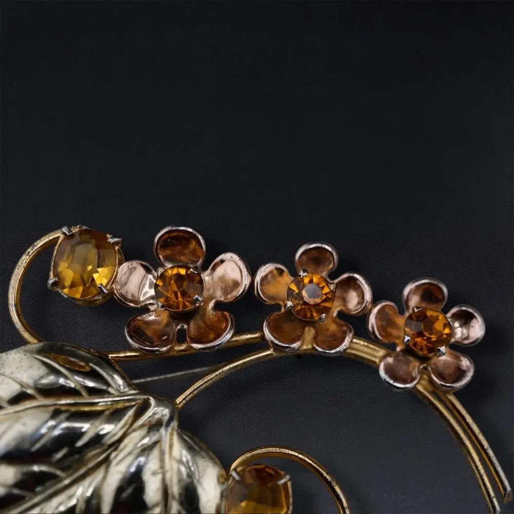 Vintage Sterling Silver Vermeil Flower Floral Spray Brooch Rhinestone Pin‎ 3